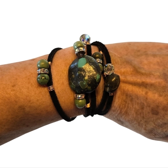 Turquoise Glass Bead Handmade Black Suede Tie Wrap Bracelet - Picture 1 of 5